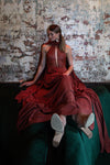 Hepburn halter dress with a hand tooled leather lace bodice a silk crepe de chine scarf and silk full length pleated skirt